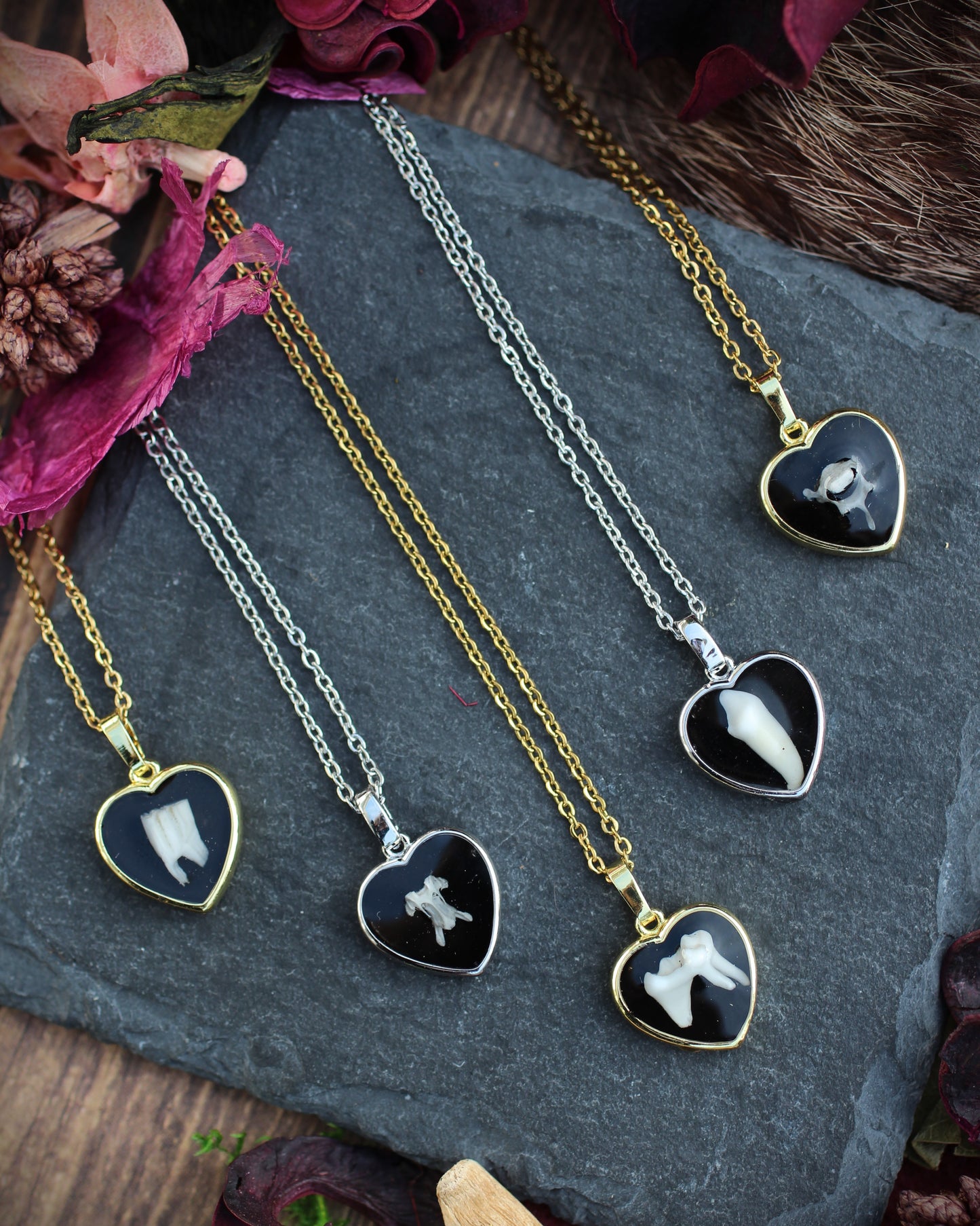 Tooth and Bone Heart Necklaces