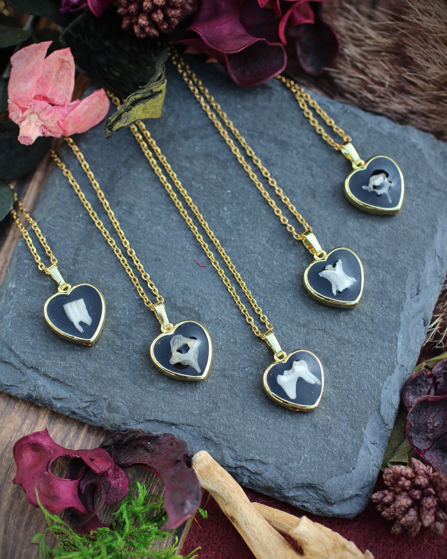 Tooth and Bone Heart Necklaces