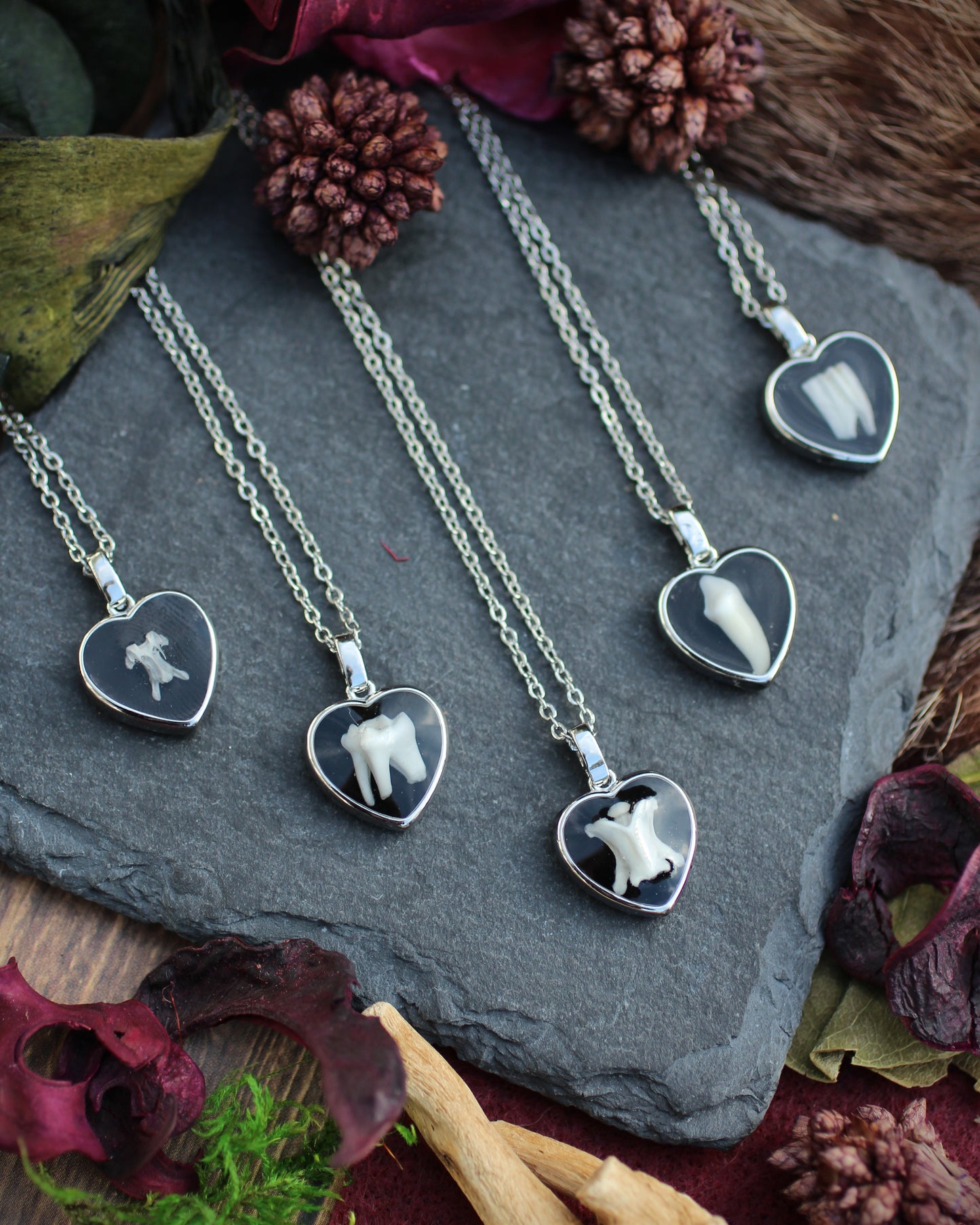 Tooth and Bone Heart Necklaces