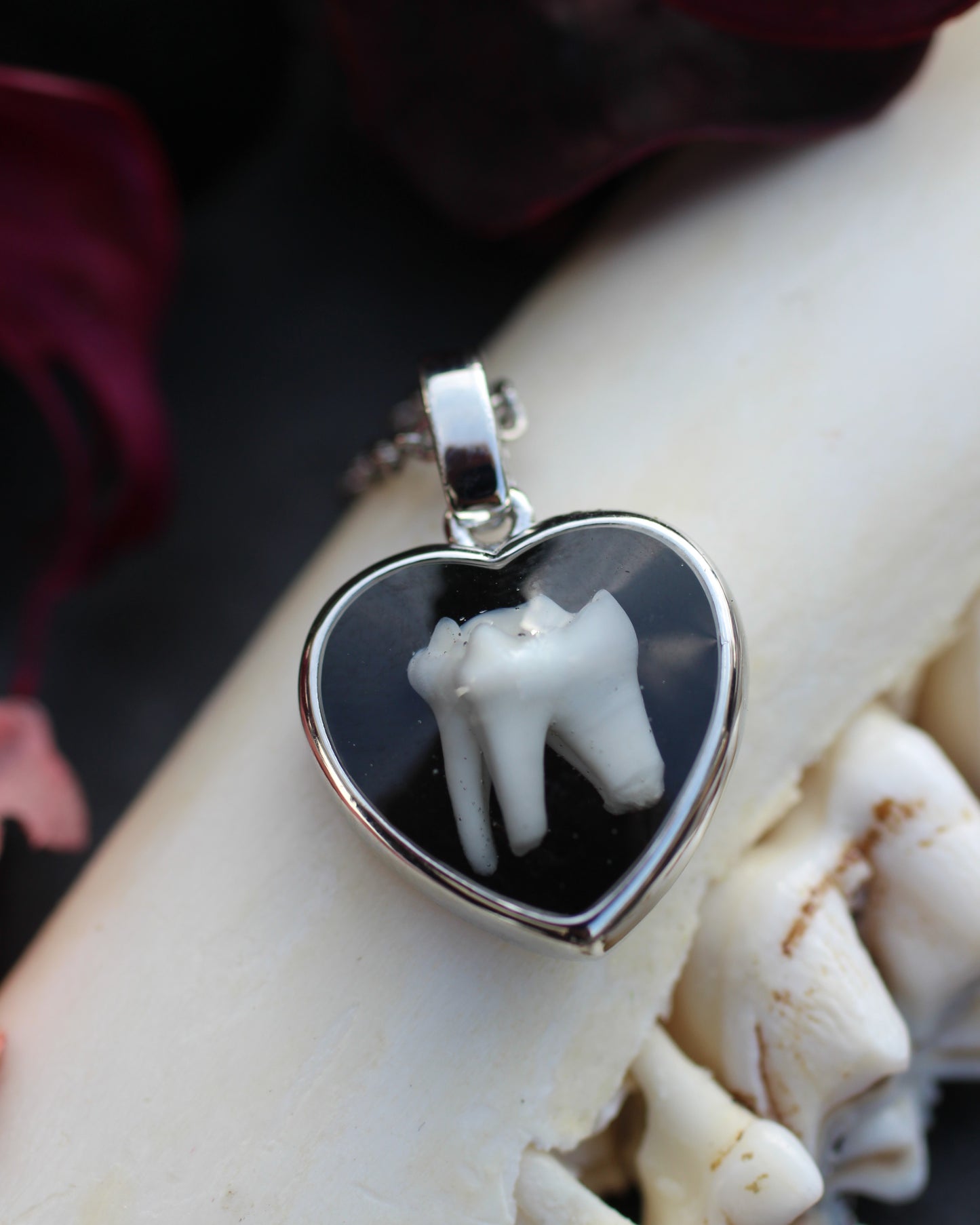 Tooth and Bone Heart Necklaces