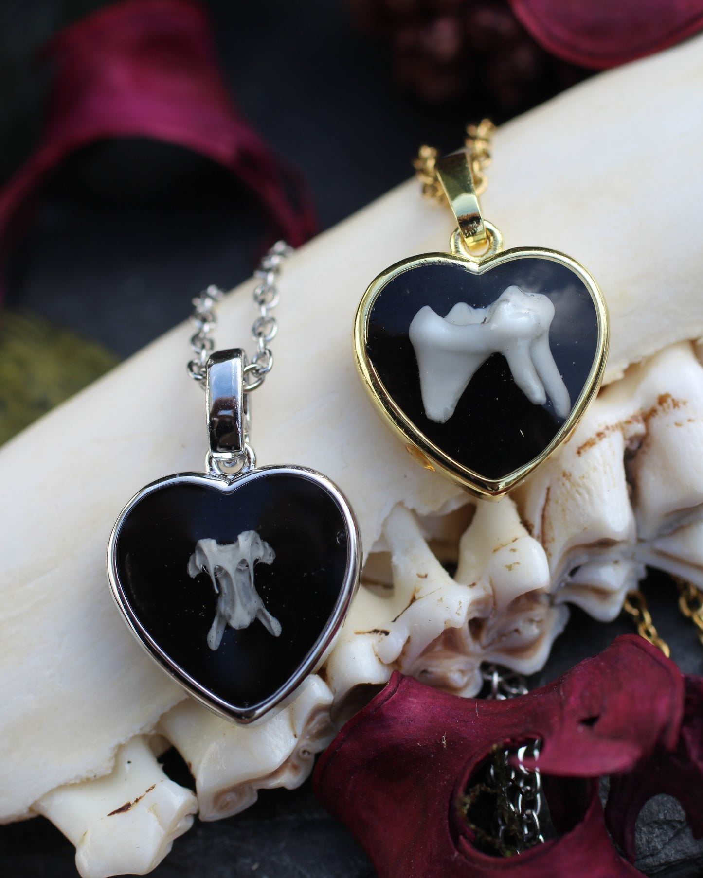 Tooth and Bone Heart Necklaces
