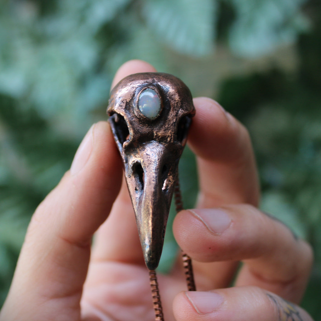 Opal Crow Skull Necklace