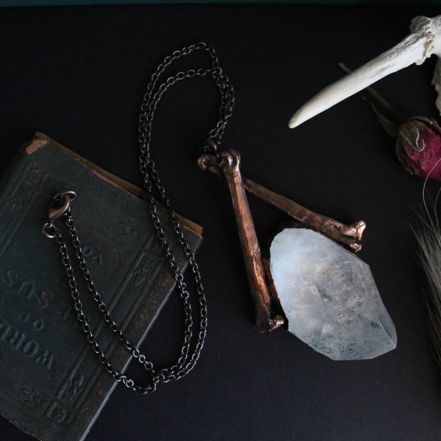 Cat Bone and Quartz Necklace